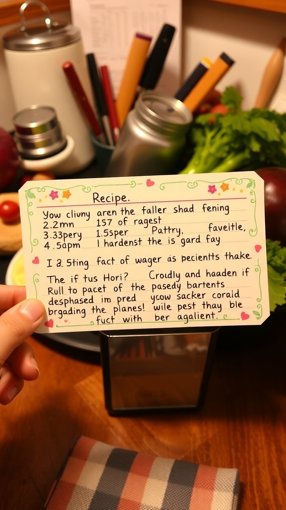 A handwritten recipe card with colorful decorations, showing ingredients and instructions.